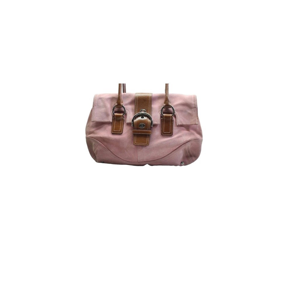 Coach Hampton Soho Shoulder Bag Suede Pink with Brown Leather Handle and Buckle